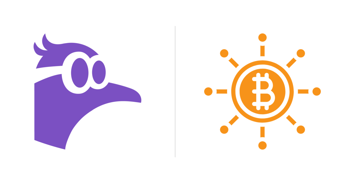 Purple Nostr symbol and orange Summer of Bitcoin symbol separated on a white background
