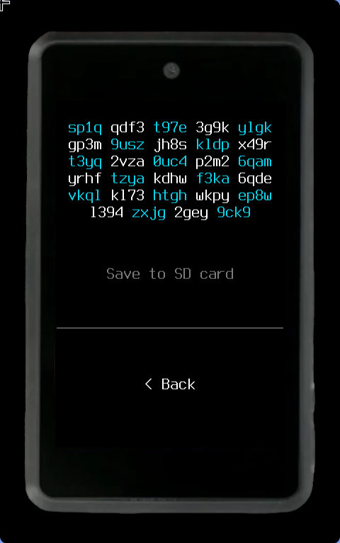 A Krux device displaying a Silent Payment address in alternating four-character blocks, with a "Save to SD card" option below it
