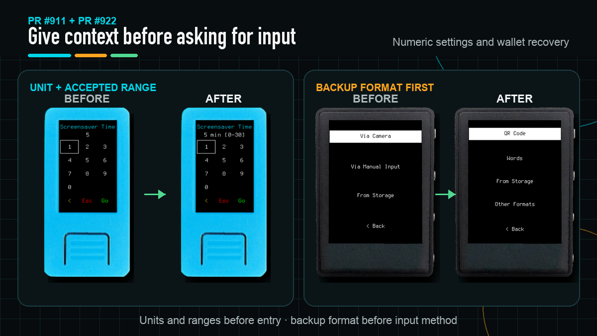 Before-and-after Krux screens showing units and accepted ranges before numeric entry and backup formats before recovery input methods.