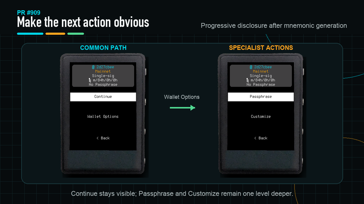 Two TZT screens showing Continue as the common action and Passphrase and Customize inside Wallet Options.