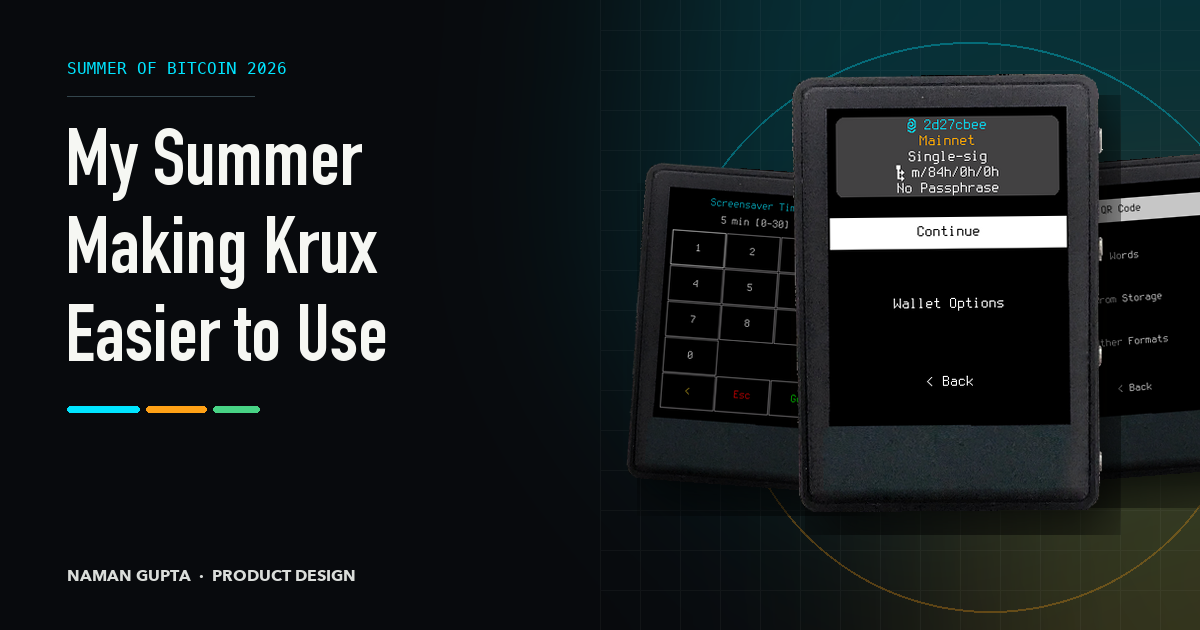 Three Krux TZT hardware-wallet screens showing a numeric keypad, the Continue and Wallet Options menu, and format-first wallet recovery beside the title My Summer Making Krux Easier to Use.