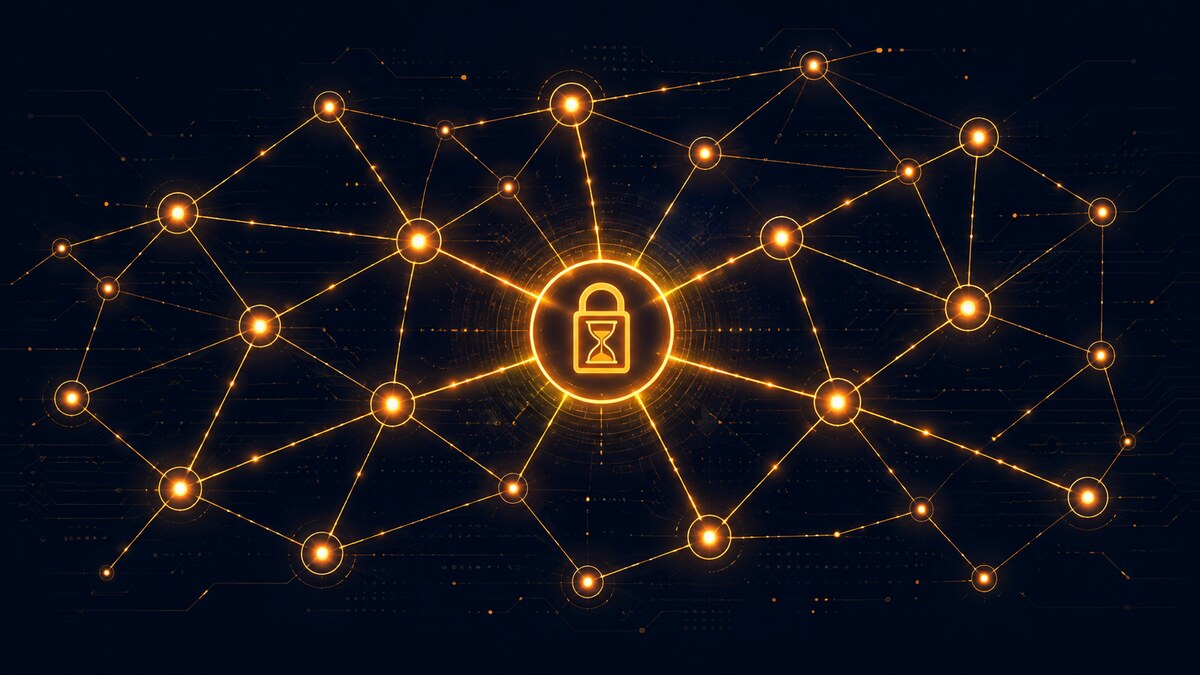 A glowing padlock holding an hourglass at the center of a network of connected nodes