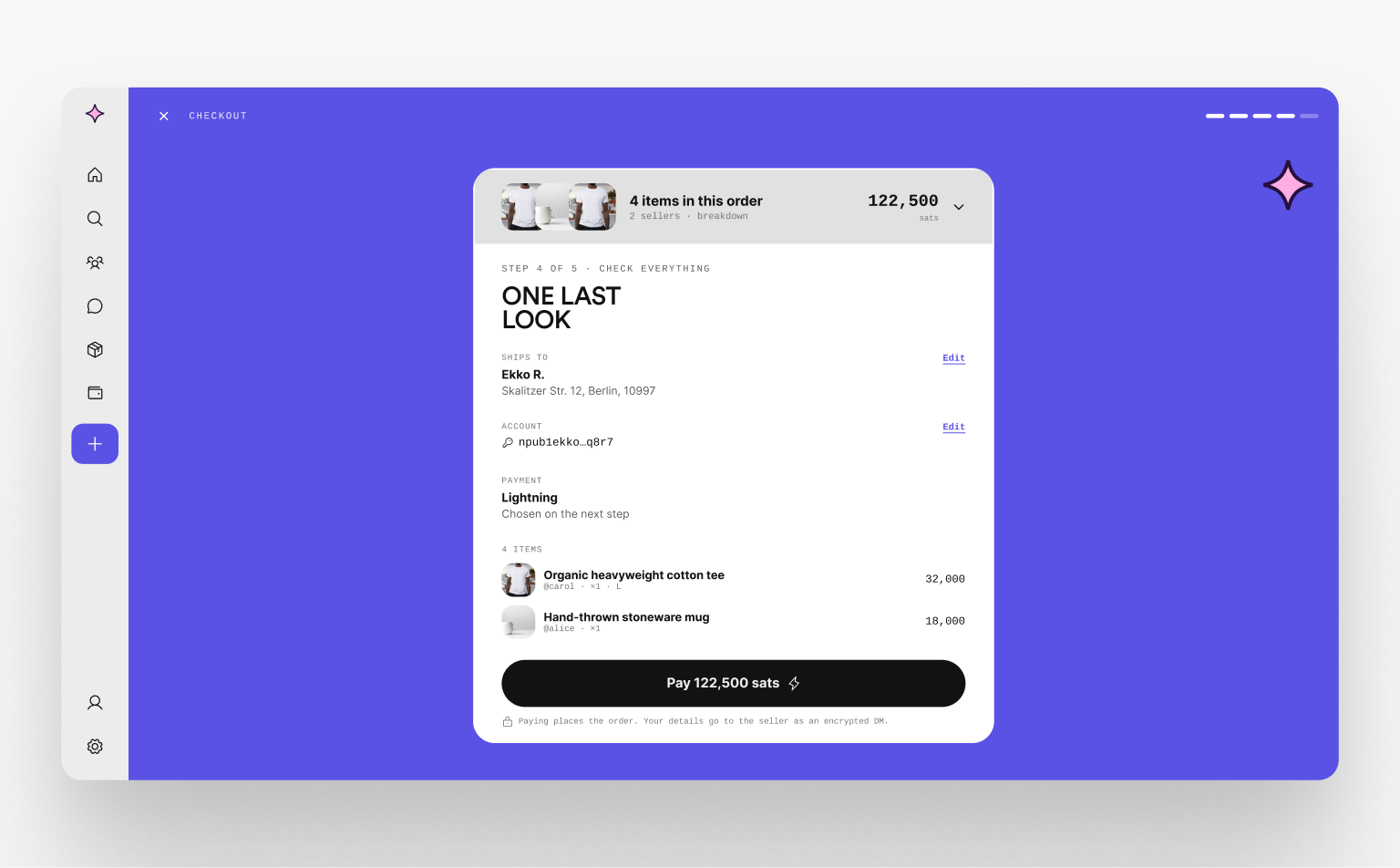 The reworked checkout: fulfilment driven by the shipping enum, a review step before payment, and one persistent order across the flow