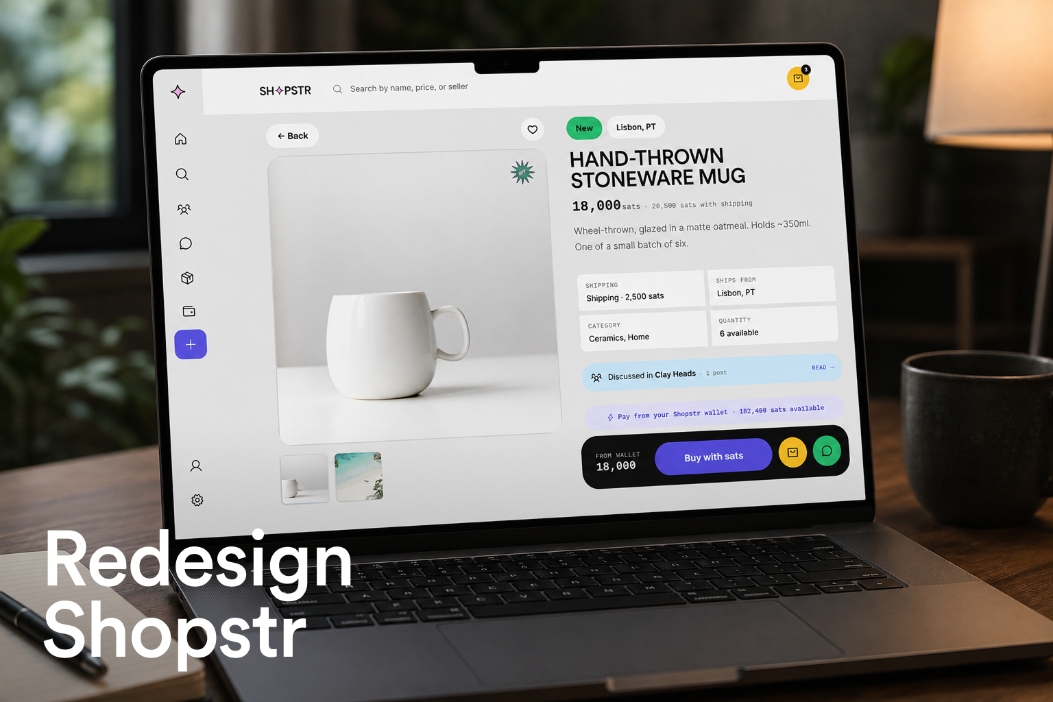 Redesign Shopstr: the marketplace on a laptop, a hand-thrown stoneware mug listing open, priced in sats