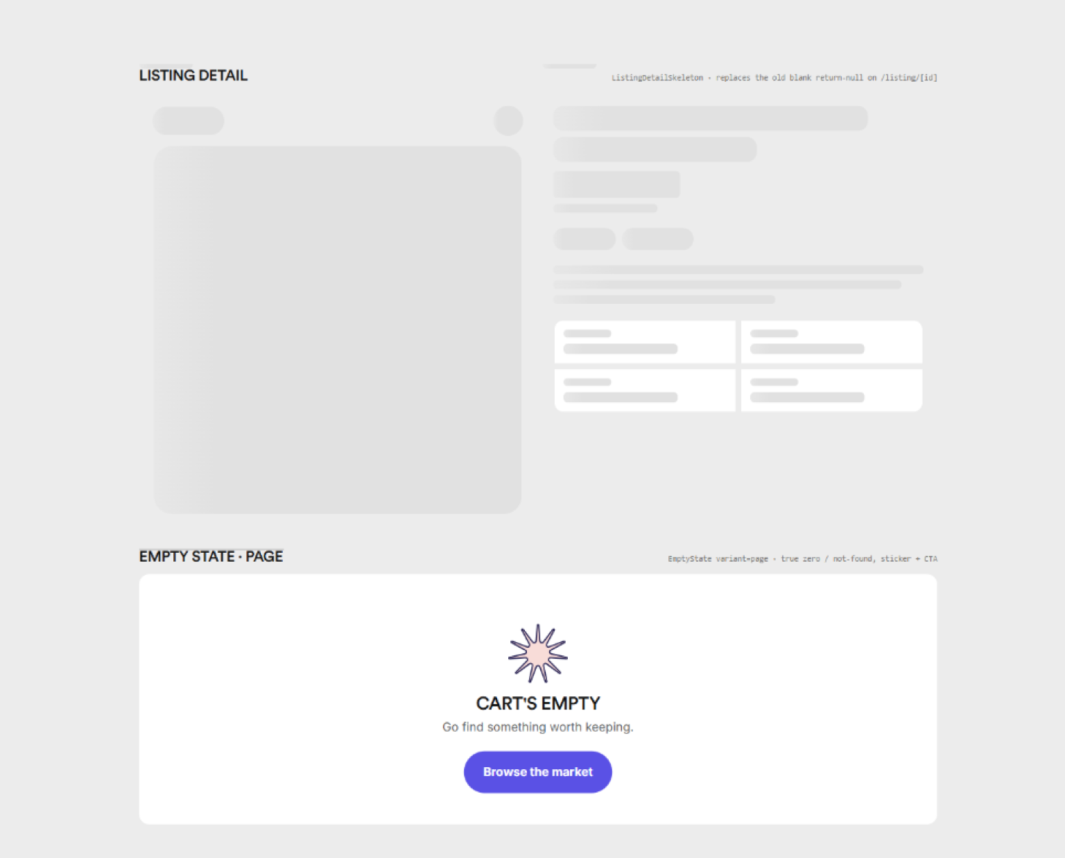Every skeleton and empty state in the app, collected on one screen: card skeletons that match real geometry, and designed empties in place of blank screens
