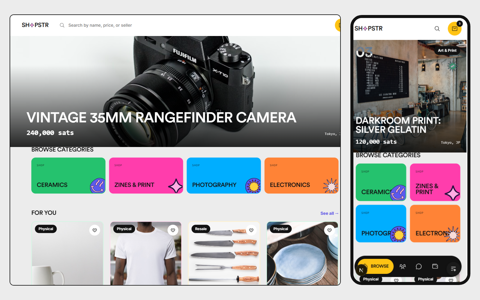 The redesigned marketplace, desktop and mobile side by side: full-bleed hero, category tiles in the six accents, a For-You rail below