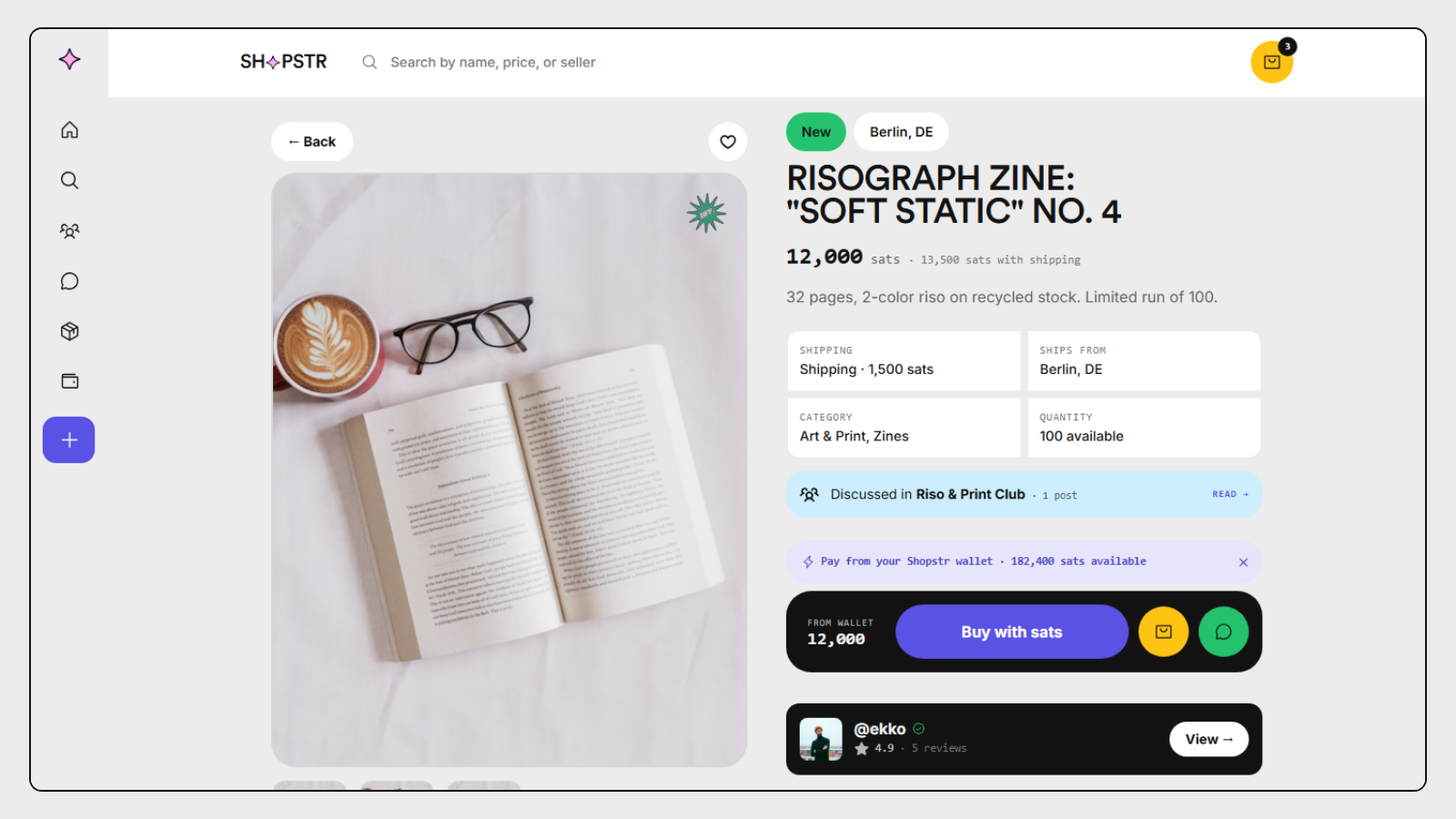 A listing page: sticky gallery, inline buy box with sats and shipping, review dimensions computed from raw scores