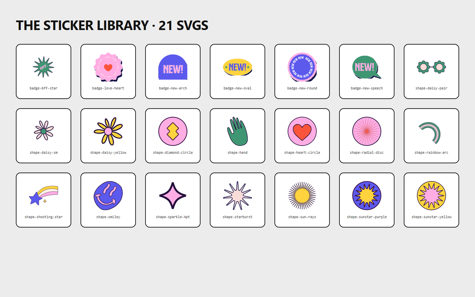 The sticker and shape asset library built for the redesign, twenty-one SVGs used as decoration, buttons, and rewards