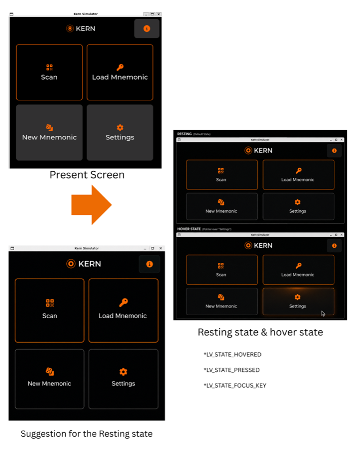 Login screen redesign — present screen, suggestion for the resting state, and resting/hover states