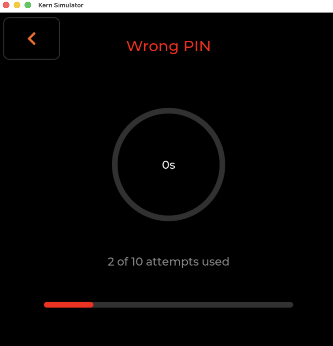 Wrong PIN screen showing the delay arc countdown and attempt tracker