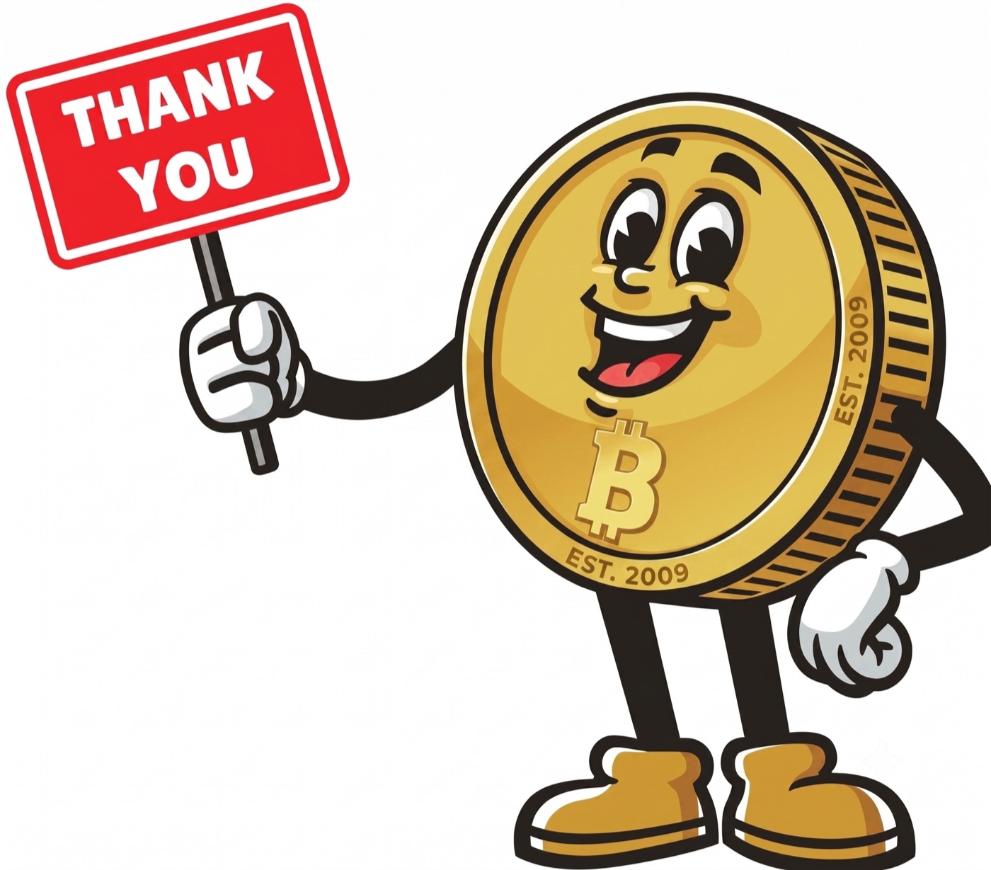 Bitcoin character holding a thank-you sign