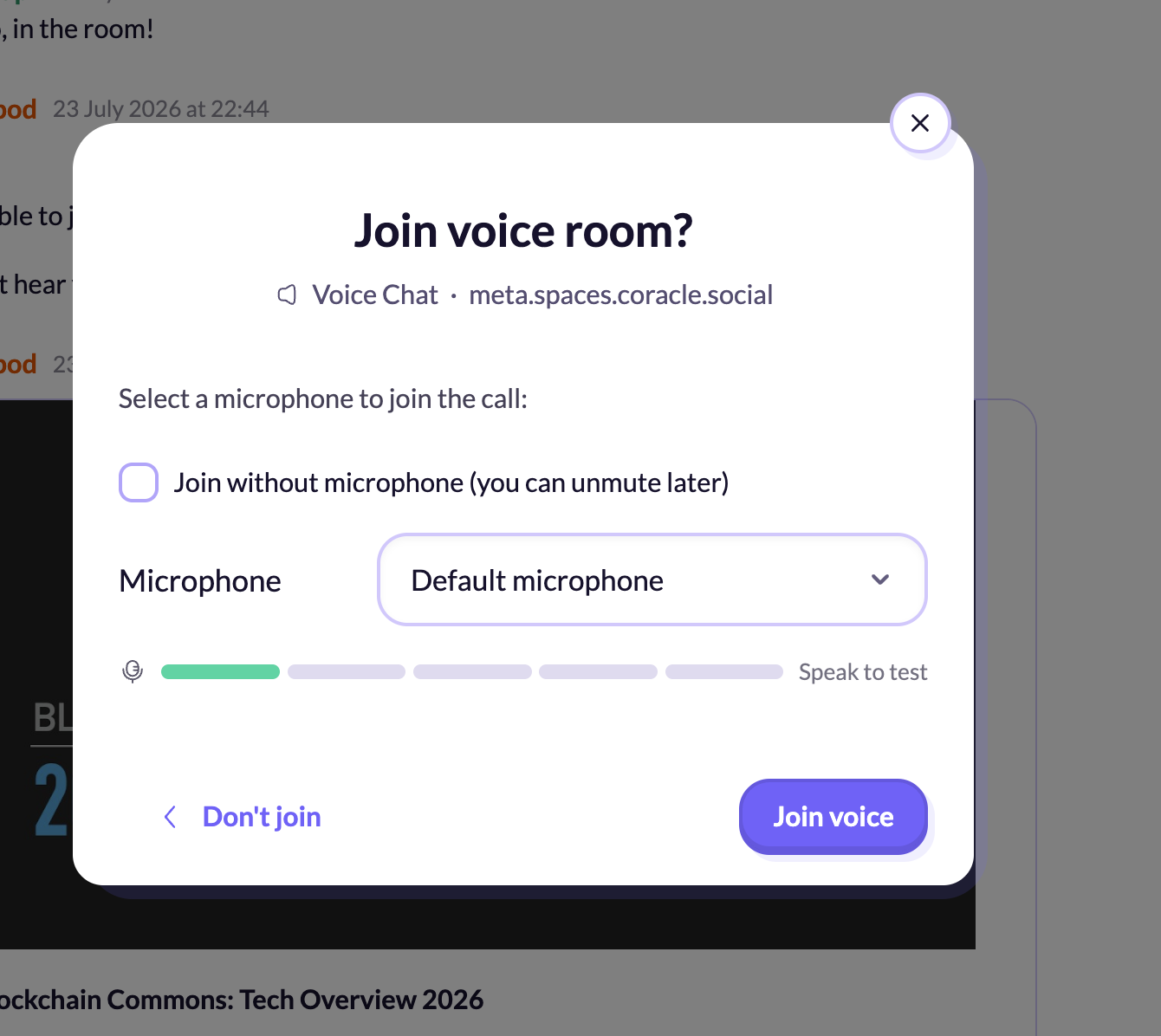 Flotilla join voice room dialog with microphone level meter