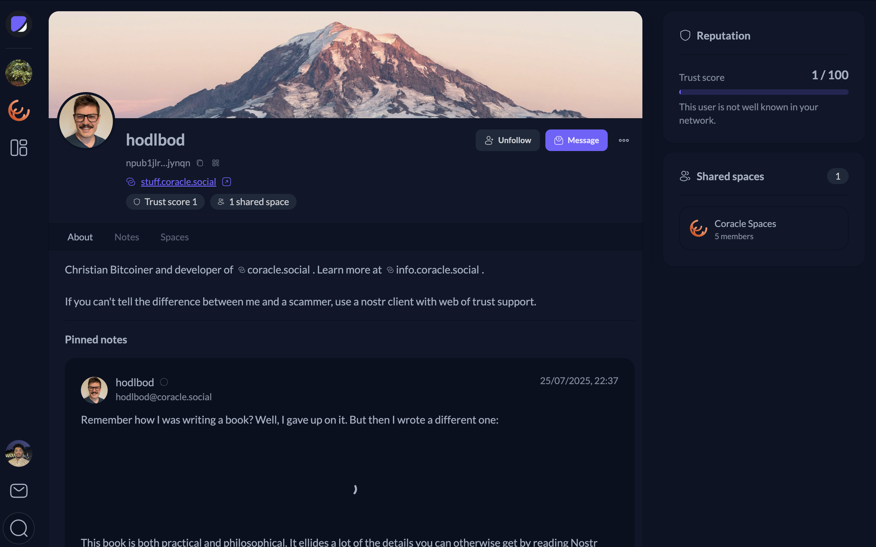 Flotilla profile page showing banner, trust score, shared spaces, and pinned notes