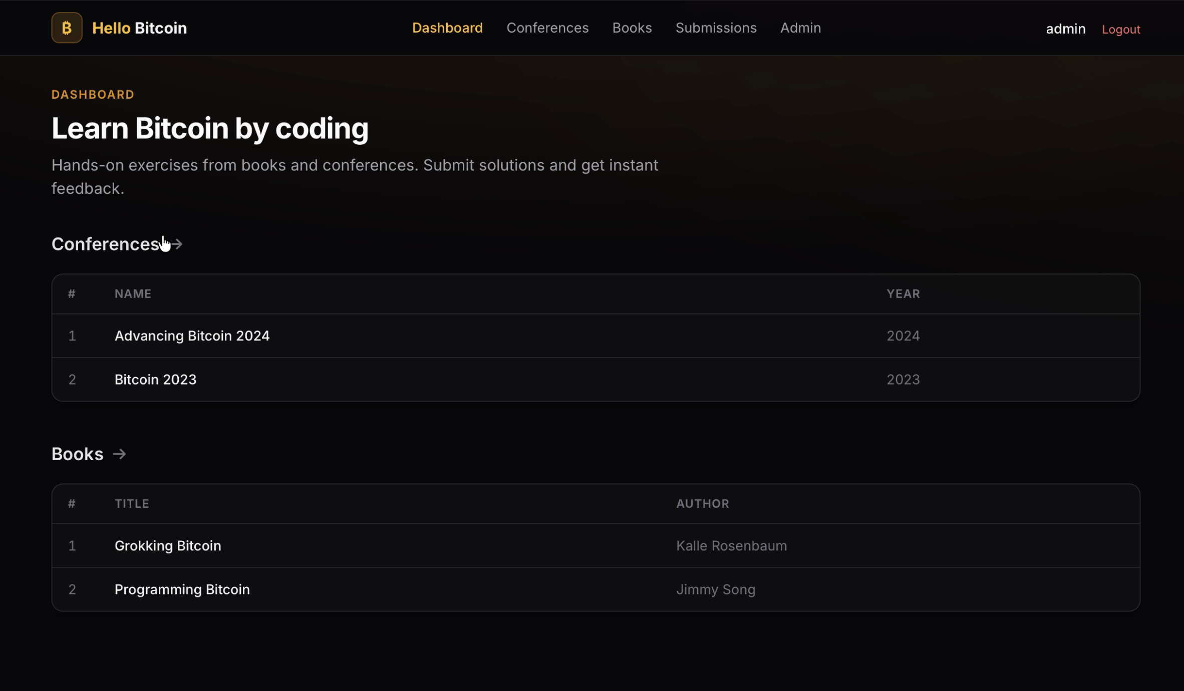 Hello Bitcoin dashboard - linking conferences and books to coding exercises
