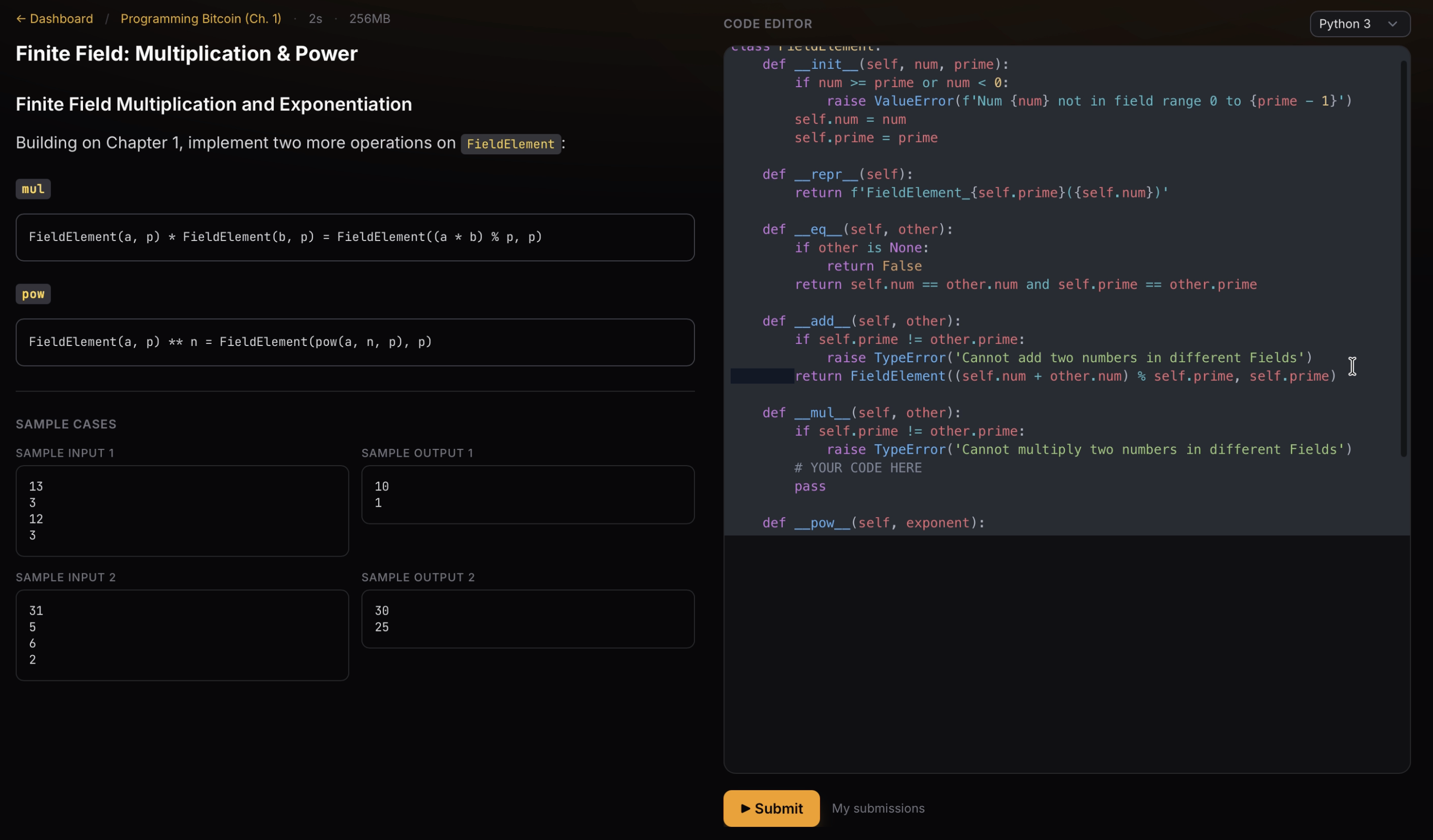 Hello Bitcoin problem view - split-screen problem statement and Python code editor