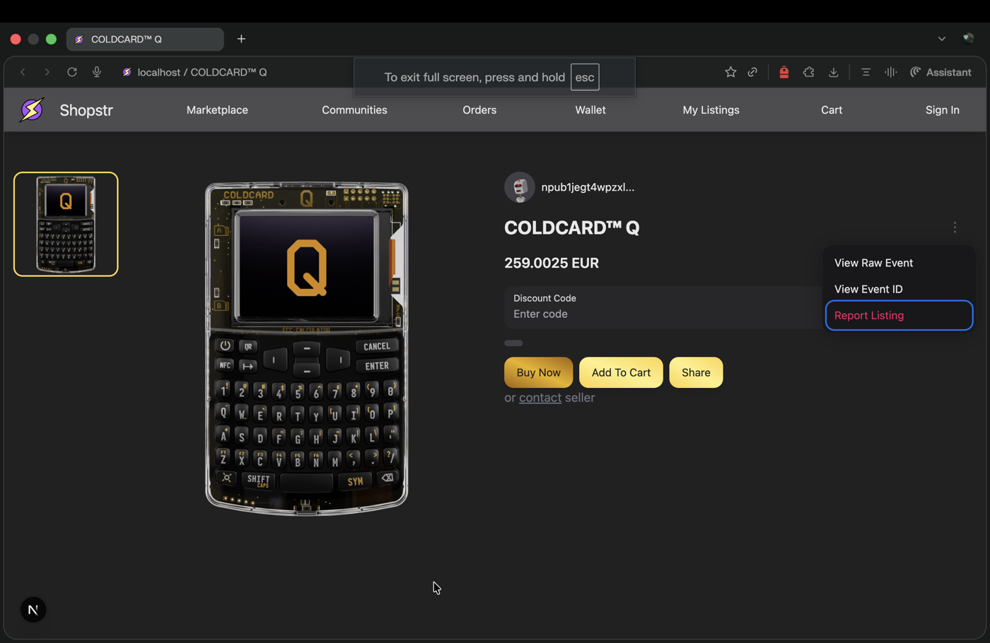 Shopstr product page showing the Report Listing action