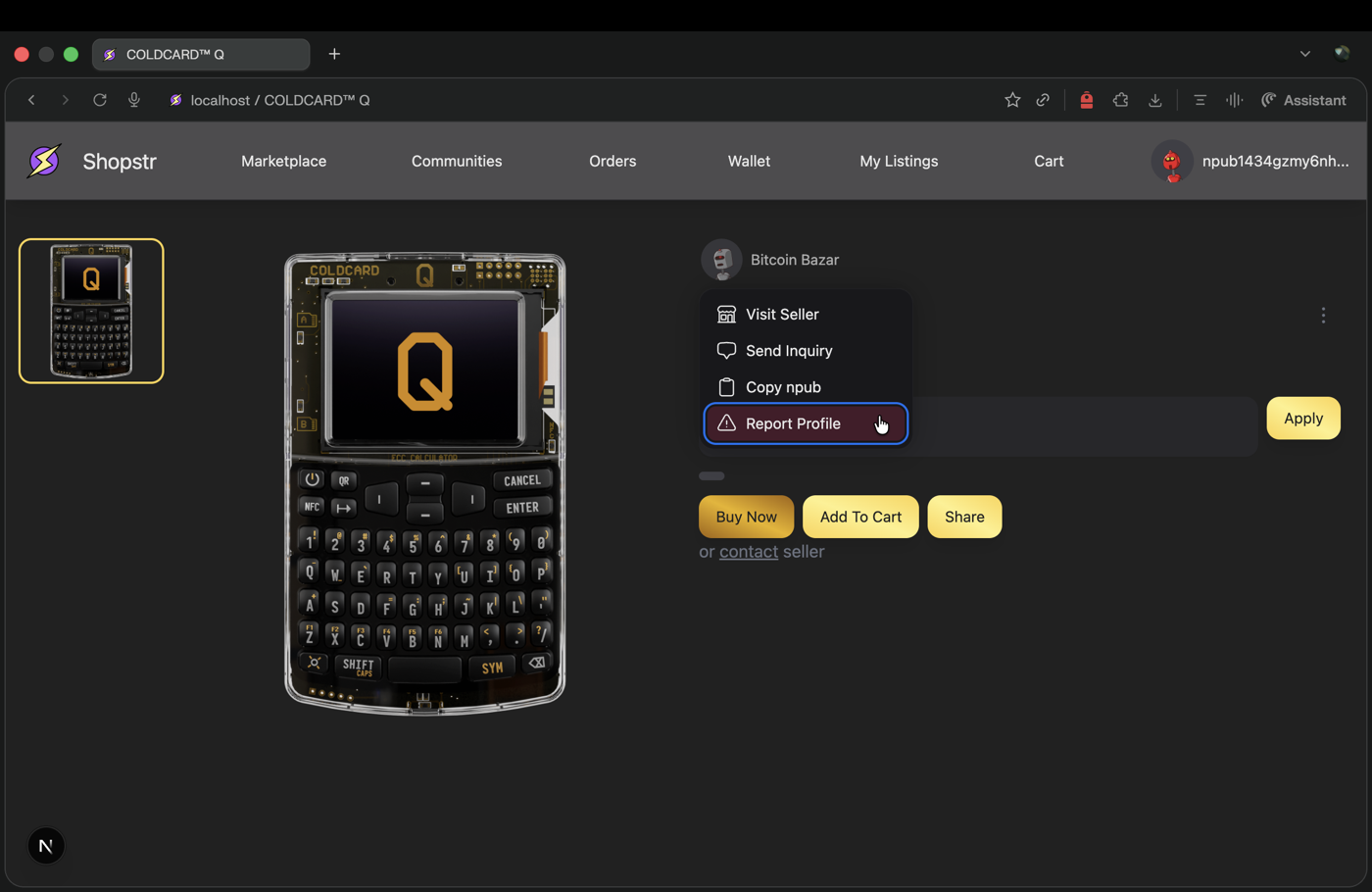 Shopstr product page showing the Report Profile action